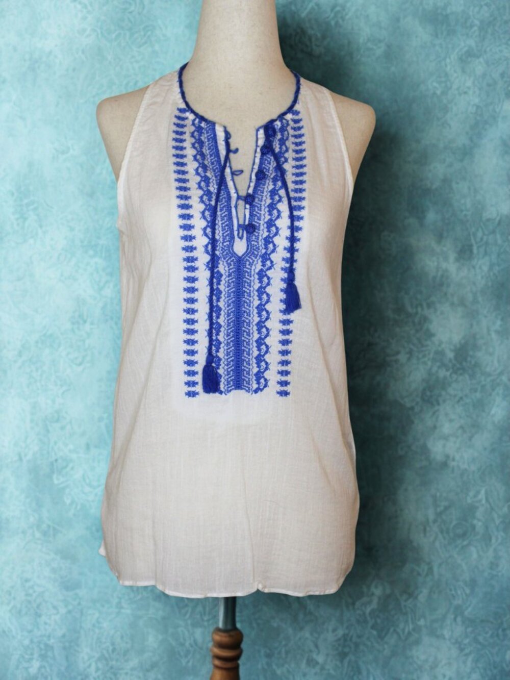 Ralph Lauren White Cotton Blue Embroidered Boho Tunic Tank Top Size Small